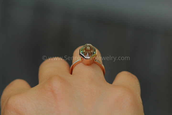 Diamond Channel Accented Rose Gold Bezel Ring Setting - Depicted with a Fantasy cut Prasiolite (Setting Only, Center Stone Sold Separately) Sennin Esko Jewelry Bezel Setting, Diamond Alternative, Green Amethyst, Green Amethyst Ring, Prasiolite Ring, Recycled E Loose Settings