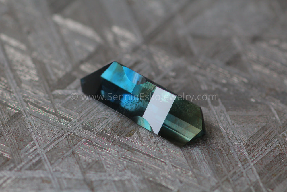 2.2 carat Blue/Green & Yellow Sapphire - Fantasy Pixel Cut, 15.2x4.7mm Sennin Esko Jewelry Archive Tag, Beads, Cushion Sapphire, Electric Sapphire, Fantasy Cut, Fantasy Cut Sapphire, Gems & C Past Hand Cut Gemstones