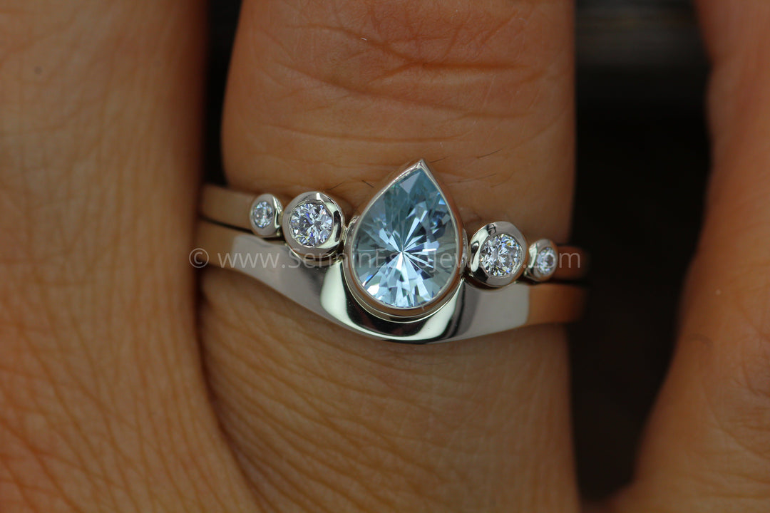 Aquamarine Tear Drop Ring Set with Diamond Accents Sennin Esko Jewelry Aquamarine diamond, Aquamarine Ring, Aquamarine Tear, Aqumarine Pear, blue engagement, Diamond alter FINE RINGS / ENGAGEMENT