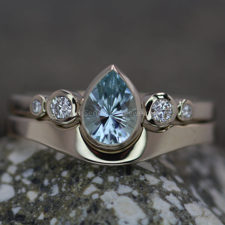 Aquamarine Tear Drop Ring Set with Diamond Accents Sennin Esko Jewelry Aquamarine diamond, Aquamarine Ring, Aquamarine Tear, Aqumarine Pear, blue engagement, Diamond alter FINE RINGS / ENGAGEMENT