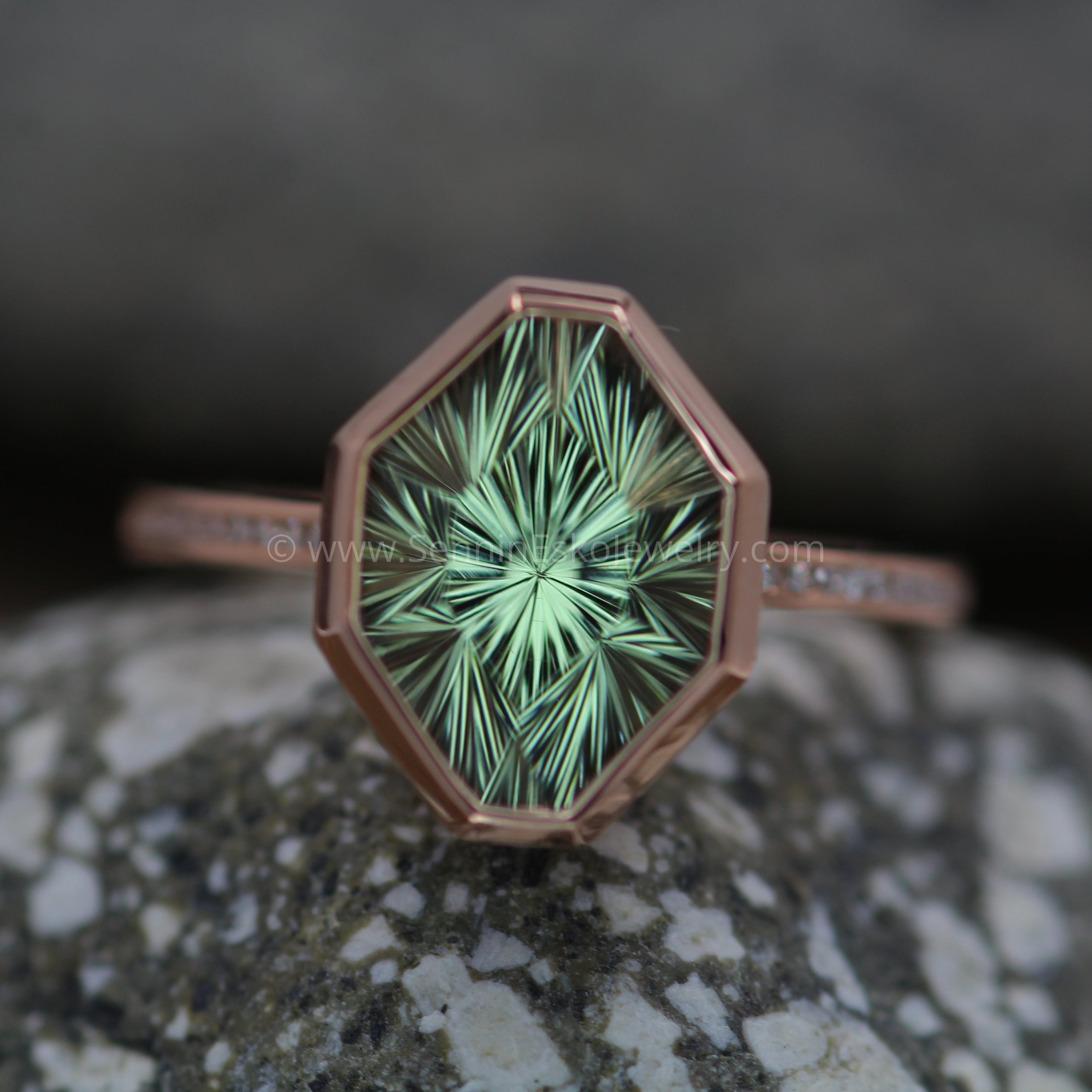 Diamond Channel Accented Rose Gold Bezel Ring Setting Depicted with a Fantasy cut Prasiolite Setting Only Center Stone Sold Separately