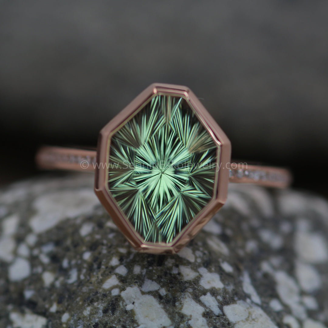 Diamond Channel Accented Rose Gold Bezel Ring Setting - Depicted with a Fantasy cut Prasiolite (Setting Only, Center Stone Sold Separately) Sennin Esko Jewelry Bezel Setting, Diamond Alternative, Green Amethyst, Green Amethyst Ring, Prasiolite Ring, Recycled E Loose Settings