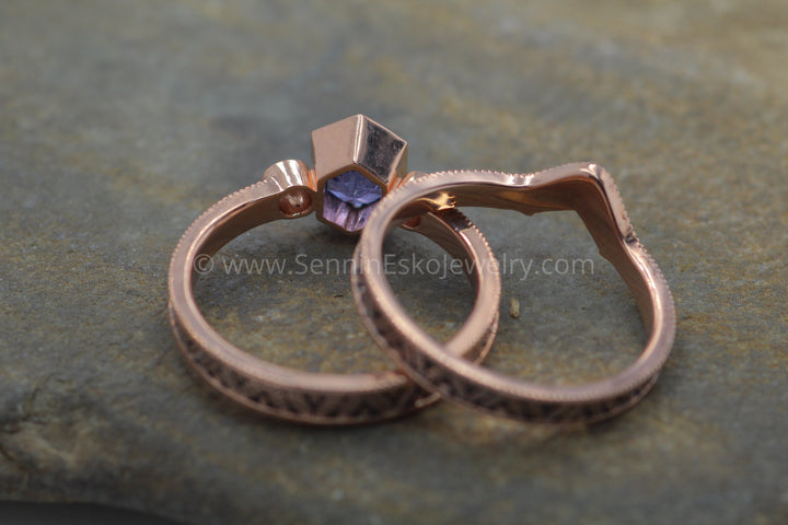 Vintage Inspired Leaf Multi Bezel Ring Set - Depicted with a Purple Sapphire (Setting Only, Center Stone Sold Separately) Sennin Esko Jewelry Bezel ring, Conflict Free Ring, Deep Purple Sapphire, Engagement Ring, Gold Engagement, Hexagon, Hex Loose Settings