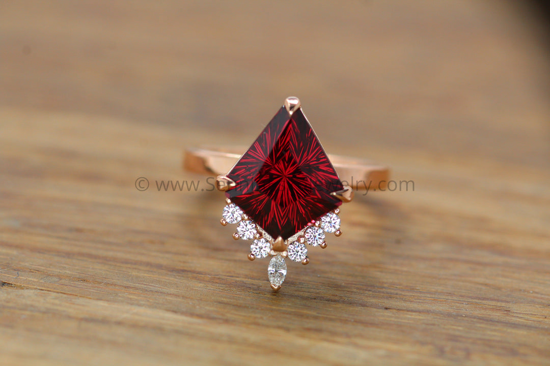 Basket Setting with Diamond Accents - Depicted with a  6.8 Carat Rhodolite Garnet (Setting Only, Center Stone Sold Separately) Sennin Esko Jewelry Engagement Rings, Garnet Kite, Garnet Ring, Garnet Ring Set, Gold Engagement Ring, Gold Garnet Ring, Loose Settings