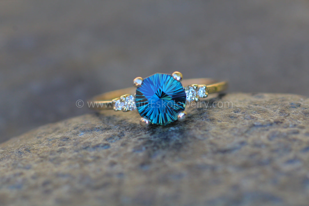 Five Stone Diamond Accented Multi Prong Setting - Depicted with a Teal Sapphire (Setting Only, Center Stone Sold Separately) Sennin Esko Jewelry Engagement Rings, Fantasy Cut Sapphire, Fantasy Sapphire, Gold Engagement Ring, Jewelry, Multi Bezel Loose Settings