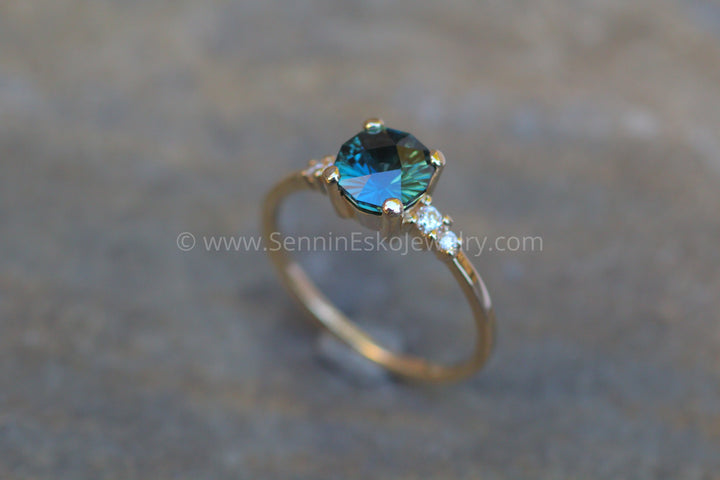Five Stone Diamond Accented Multi Prong Setting - Depicted with a Teal Sapphire (Setting Only, Center Stone Sold Separately) Sennin Esko Jewelry Engagement Rings, Fantasy Cut Sapphire, Fantasy Sapphire, Gold Engagement Ring, Jewelry, Multi Bezel Loose Settings