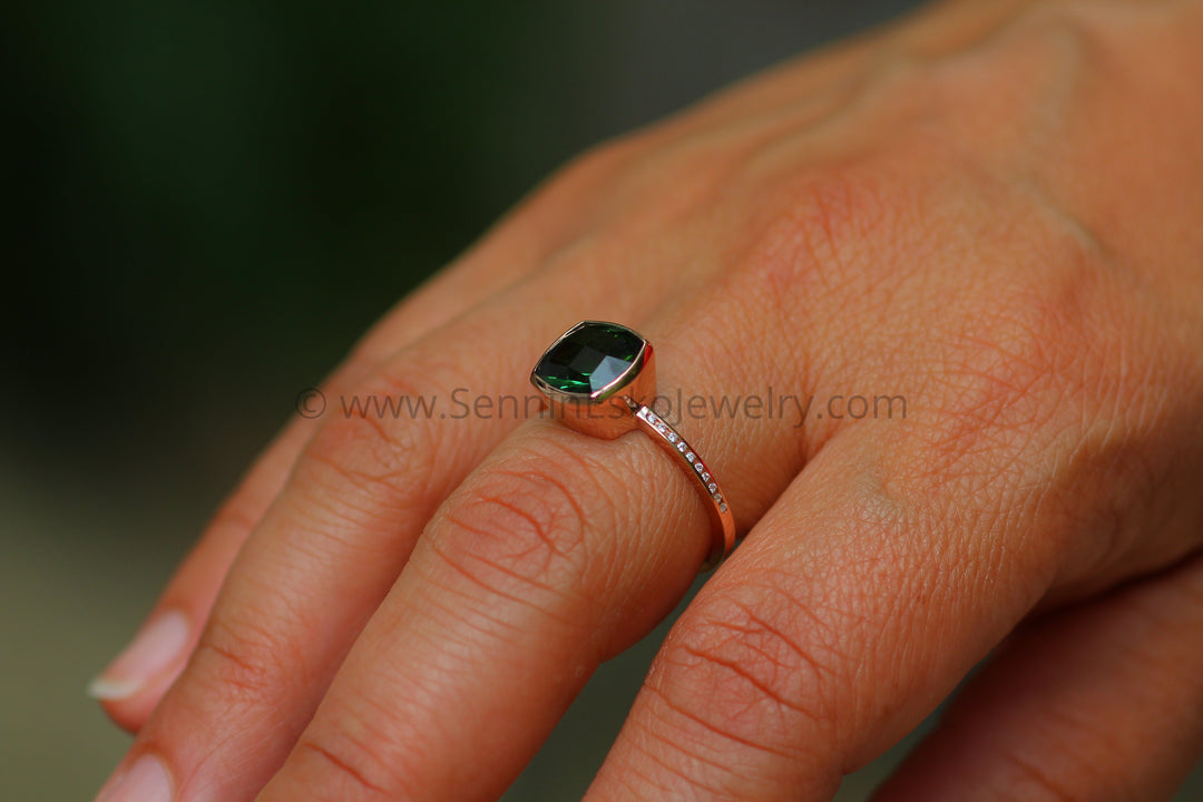 Diamond Channel Accented Rose Gold Bezel Ring Setting - Precision Cut Green Tourmaline Depicted (Setting Only, Center Stone Sold Separately) Sennin Esko Jewelry Bezel Setting, Cushion Sapphire, Cushion Tourmaline, Diamond Alternative, Green Tourmaline, Green To Loose Settings