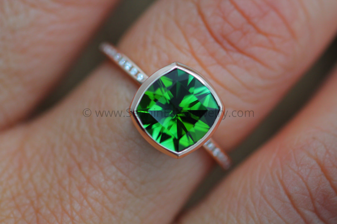 Diamond Channel Accented Rose Gold Bezel Ring Setting - Precision Cut Green Tourmaline Depicted (Setting Only, Center Stone Sold Separately) Sennin Esko Jewelry Bezel Setting, Cushion Sapphire, Cushion Tourmaline, Diamond Alternative, Green Tourmaline, Green To Loose Settings