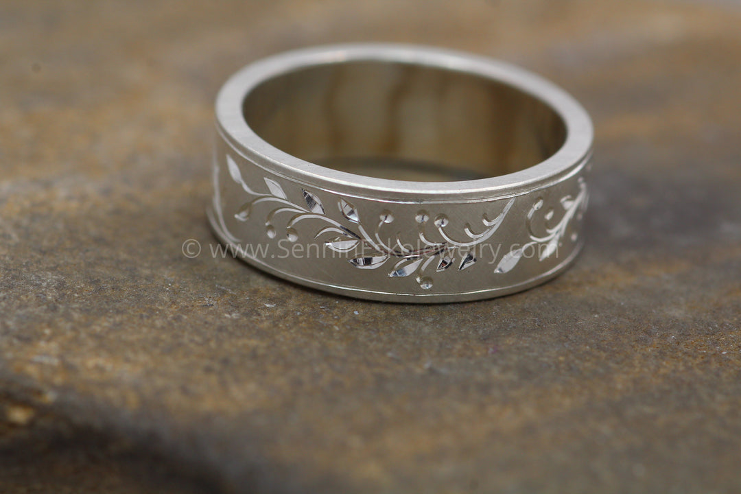 7x1.2mm Branches, Leaves & Berries Variation 1 - Silver Bright Cut Engraved Band Sennin Esko Jewelry berries, Branch Ring, Branches and LEaves, Bright Cut Ring, Engraved band, Engraved Branch Ring, Eng ENGRAVABLE BANDS/WEDDING