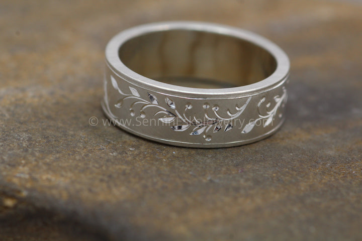 7x1.2mm Branches, Leaves & Berries Variation 1 - Silver Bright Cut Engraved Band Sennin Esko Jewelry berries, Branch Ring, Branches and LEaves, Bright Cut Ring, Engraved band, Engraved Branch Ring, Eng ENGRAVABLE BANDS/WEDDING