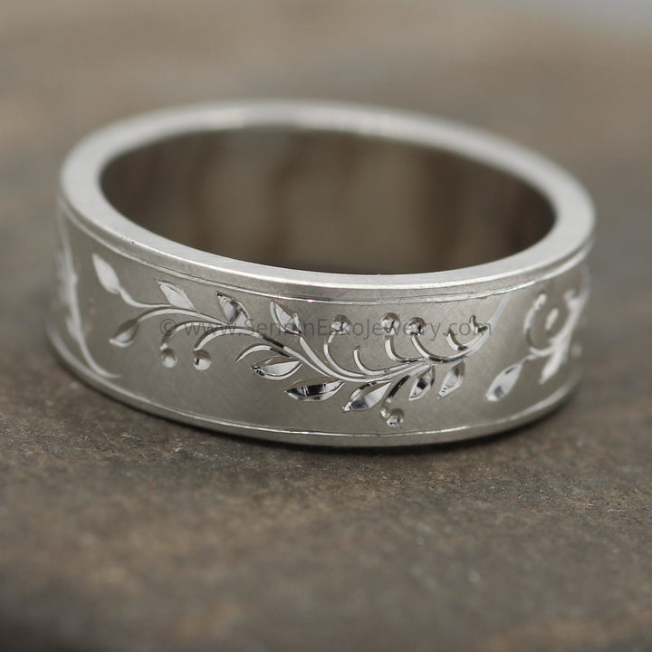 READY TO SHIP 7x1.2mm Branches Leaves & Berries - Size 9 - Silver Bright Cut Engraved Band Sennin Esko Jewelry berries, Branch Ring, Branches and LEaves, Bright Cut Ring, Engraved band, Engraved Branch Ring, Eng READY TO SHIP