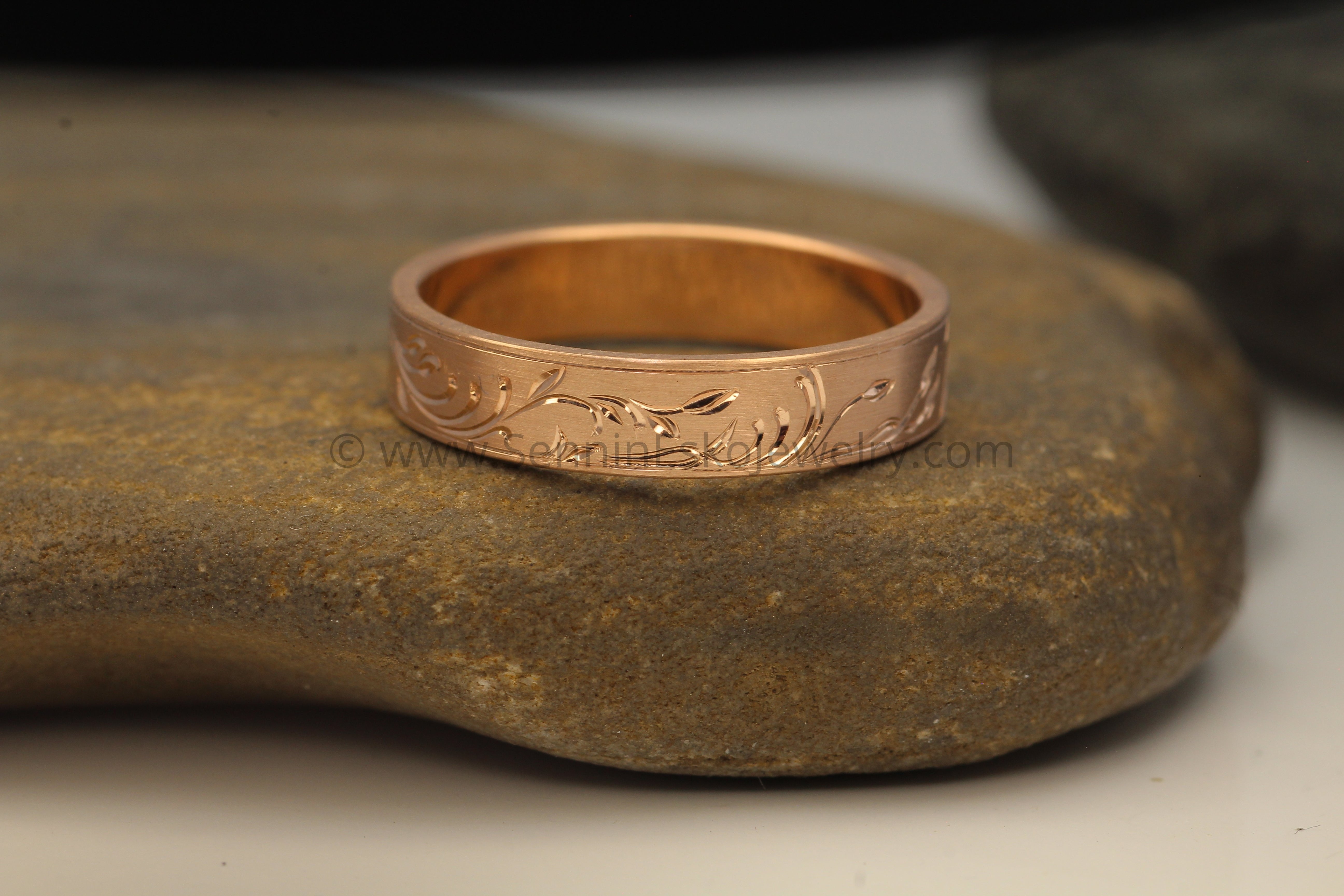 4x1mm Branches and Leaves Ring Variation 1 - 14kt Rose Gold Bright Cut  Engraved Band