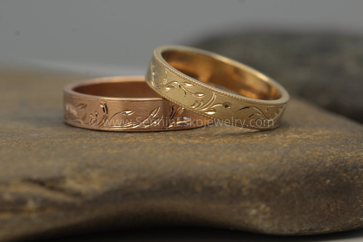 4x1mm Branches and Leaves Variation 1 14kt Yellow Gold Bright Cut Engraved Band Sennin Esko Jewelry Branch Ring, Branches and LEaves, Bright Cut Ring, Engraved band, Engraved Branch Ring, Engraved Lea ENGRAVABLE BANDS/WEDDING