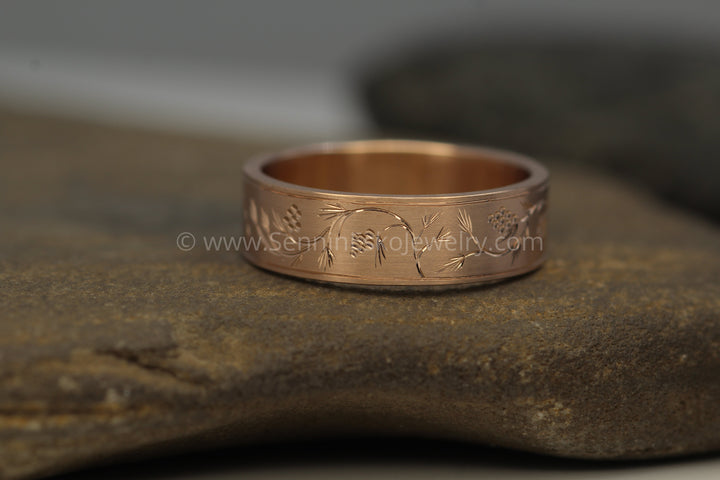 READY TO SHIP 6x1.2mm Pine Sprigs & Pine Cones Rose Gold Ring Size 8.5 - Bright Cut Engraved Band Sennin Esko Jewelry berries, Branch Ring, Branches and LEaves, Bright Cut Ring, Engraved band, Engraved Branch Ring, Eng READY TO SHIP
