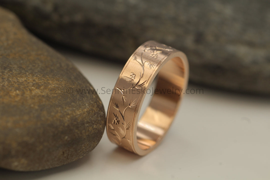 READY TO SHIP 6x1.2mm Pine Sprigs & Pine Cones Rose Gold Ring Size 8.5 - Bright Cut Engraved Band Sennin Esko Jewelry berries, Branch Ring, Branches and LEaves, Bright Cut Ring, Engraved band, Engraved Branch Ring, Eng READY TO SHIP
