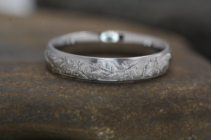 READY TO SHIP 4x1.5mm Spruce and Stars Platinum Band Size 9.5 - Comfort Fit Interior - Bright Cut Engraved Band Sennin Esko Jewelry Branch Ring, Branches and LEaves, Bright Cut Ring, Engraved band, Engraved Branch Ring, Engraved Lea READY TO SHIP