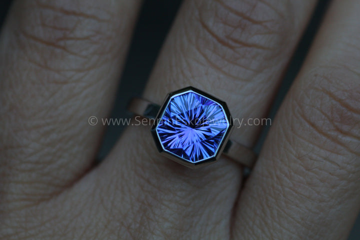 Heavy Weight Platinum Solitaire Bezel Ring Setting - Fantasy Cut 4 Carat Tanzanite Depicted (Setting Only, Center Stone Sold Separately) Sennin Esko Jewelry Ethical Sunstone, Jewelry, Montana, Montana Sapphire, Montana Sapphire Cushion, Montana Sapphire Rin Loose Settings