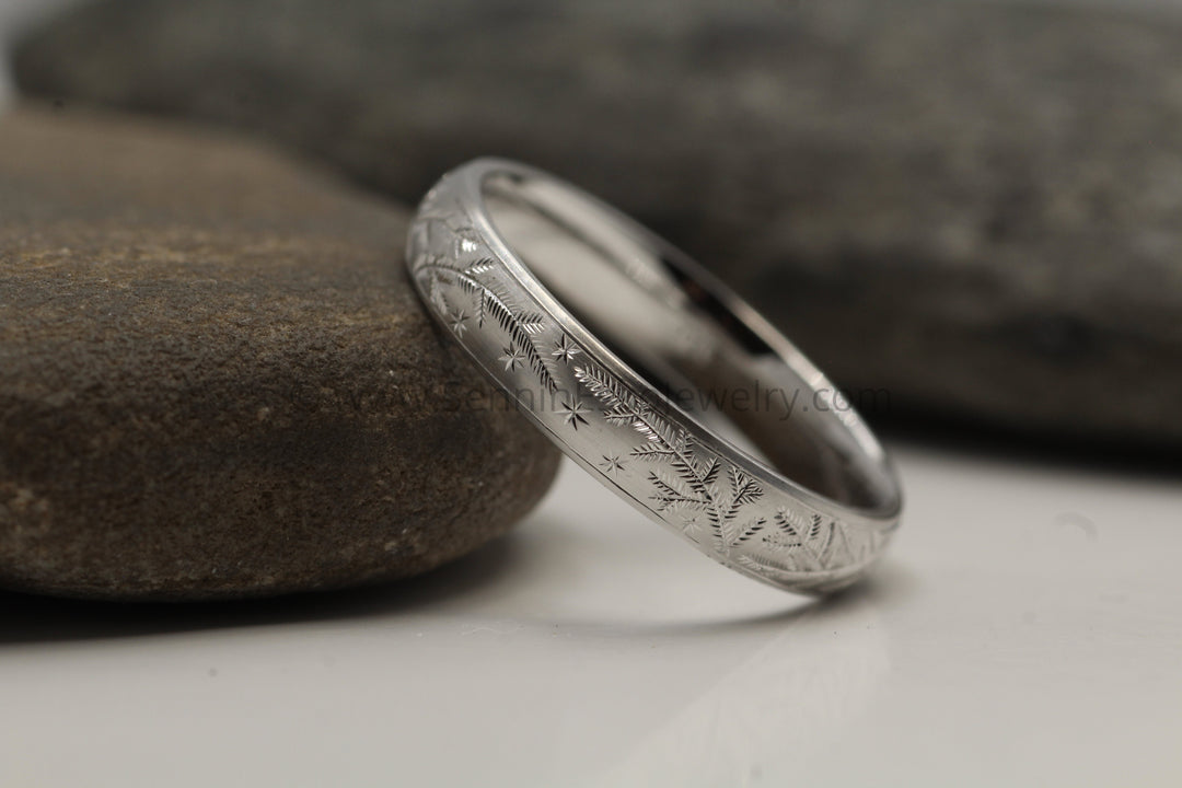 4x1.5mm Spruce and Stars Platinum Band - Comfort Fit Interior - Bright Cut Engraved Band Sennin Esko Jewelry Branch Ring, Branches and LEaves, Bright Cut Ring, Engraved band, Engraved Branch Ring, Engraved Lea ENGRAVABLE BANDS/WEDDING