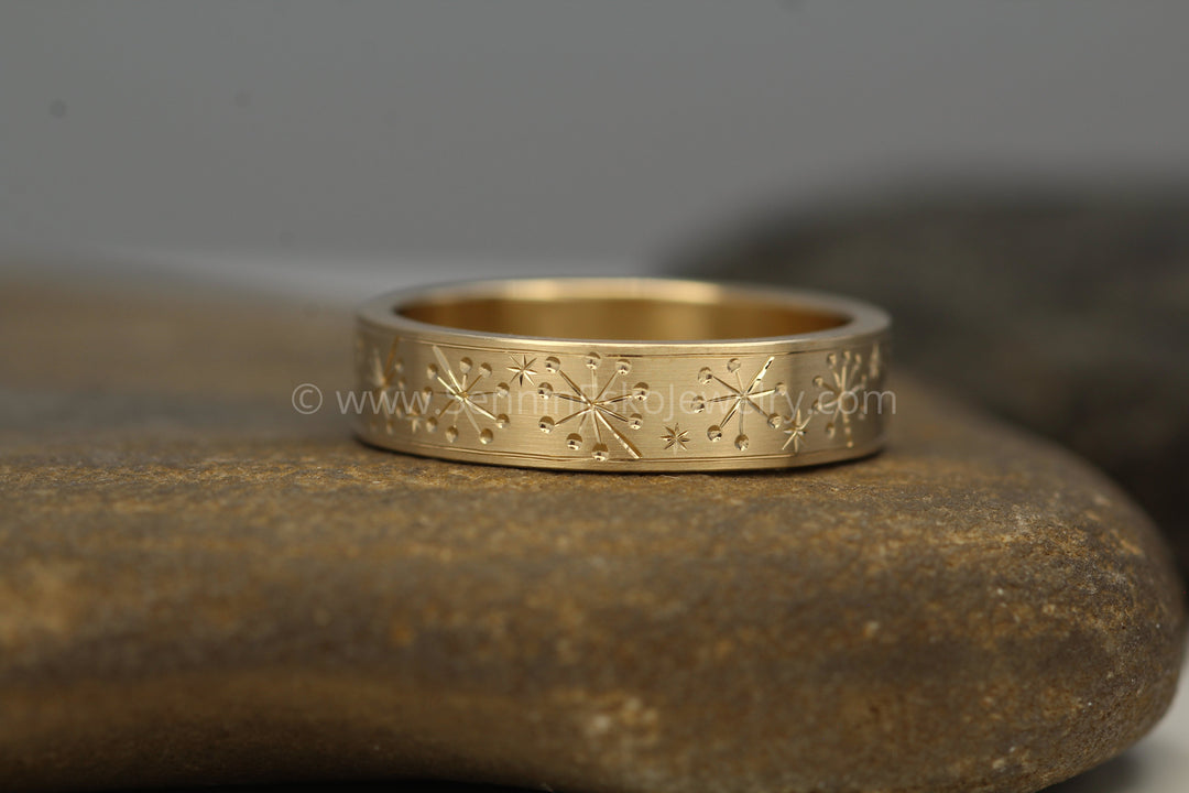 READY TO SHIP 5x1.2mm Dandelion and Stars Yellow Gold Ring Size 8.25 -  Bright Cut Engraved Band Sennin Esko Jewelry berries, Branch Ring, Branches and LEaves, Bright Cut Ring, Dandelion, Dandelion Jewelry, Engraved b READY TO SHIP