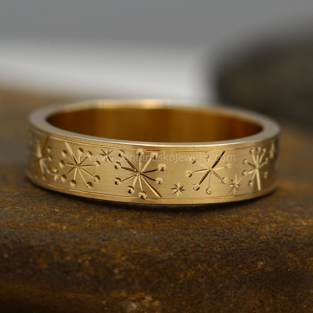 READY TO SHIP 5x1.2mm Dandelion and Stars Yellow Gold Ring Size