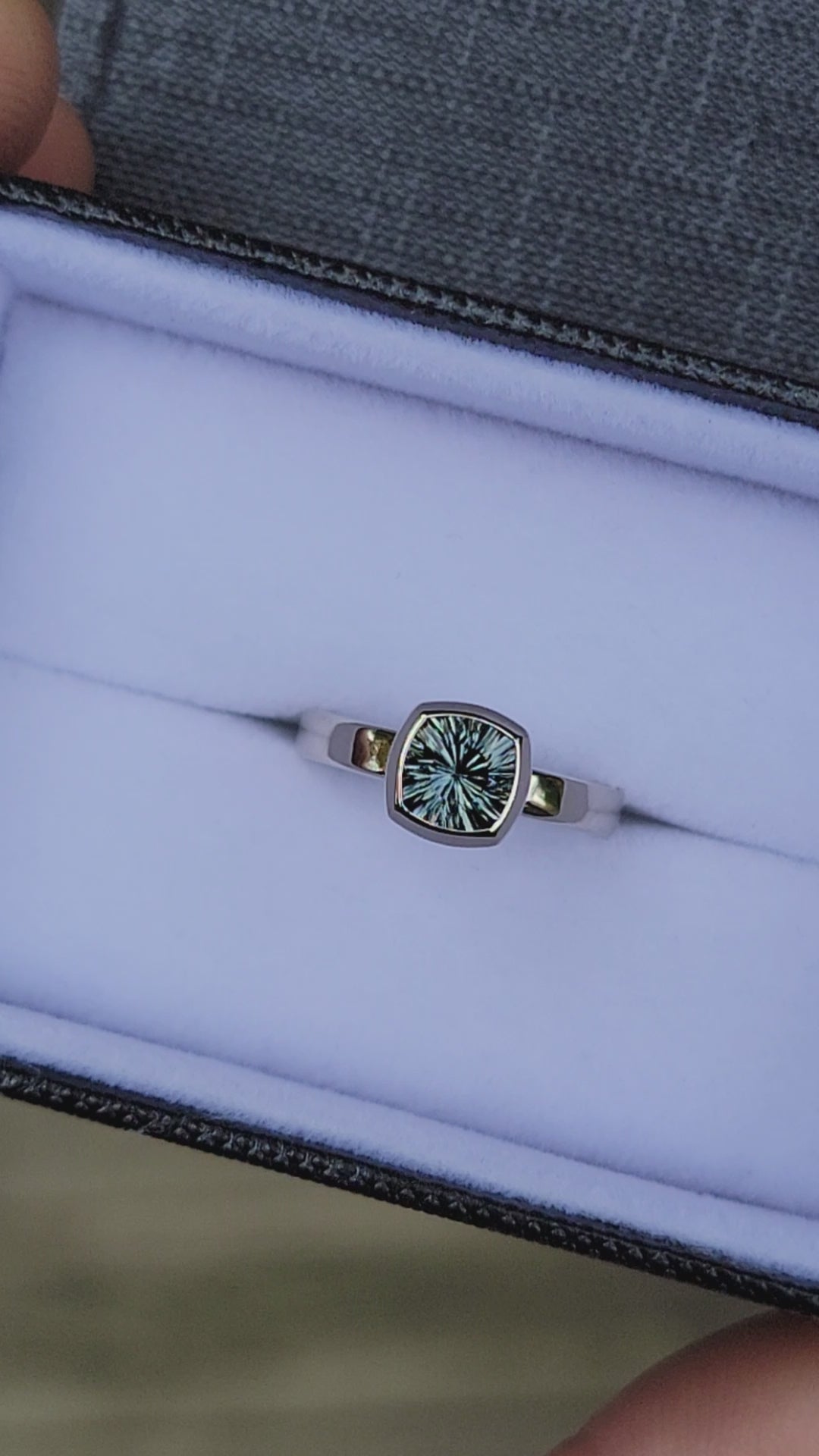 READY TO SHIP Greenish Blue Sapphire White Gold Bezel Ring - Size 5.5