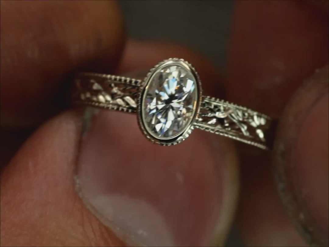 Moissanite Oval White Gold Bezel Ring -  Alternative Engagement Ring 4x6mm, 0.5 ct -  Glossy Finish Bezel Ring - Forever One
