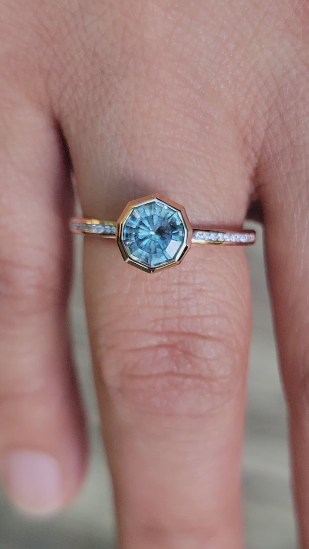 Diamond Channel Accented Rose Gold Bezel Ring Setting - Depicted with a Precision Cut Color Changing Montana Sapphire Octagon (Setting Only, Center Stone Sold Separately)