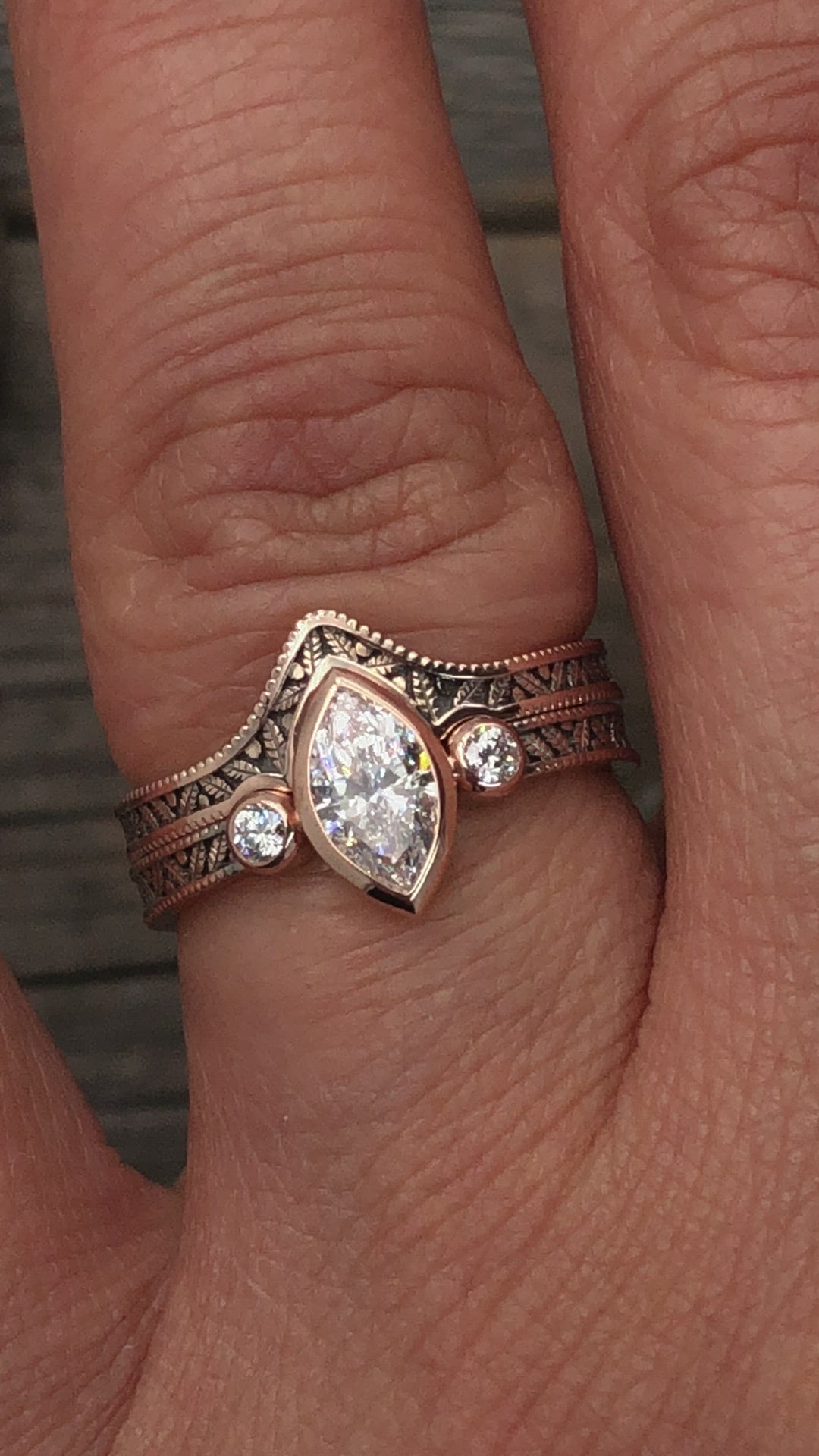 Handgefertigtes Vintage-Verlobungsring-Set aus Diamant-Roségold – Marquise-Ring – Blatt