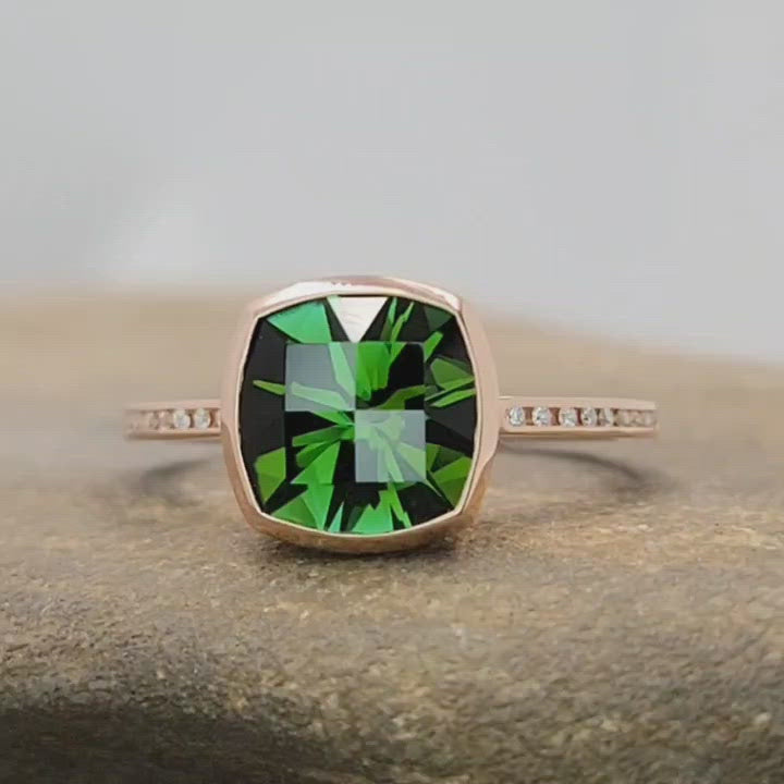 Diamond Channel Accented Rose Gold Bezel Ring Setting - Precision Cut Green Tourmaline Depicted (Setting Only, Center Stone Sold Separately)