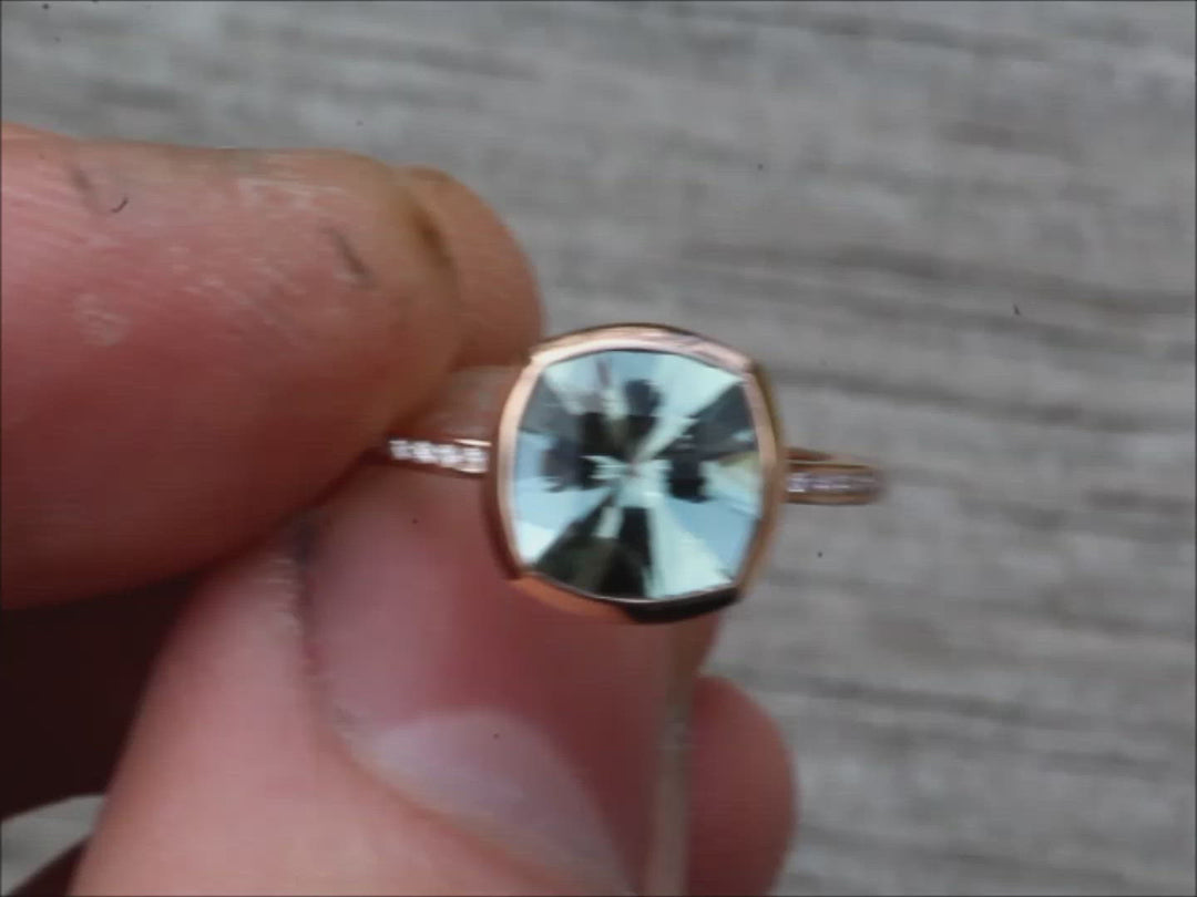 Green Amethyst and Diamond Rose gold Cushion Cut Bezel and Channel Ring