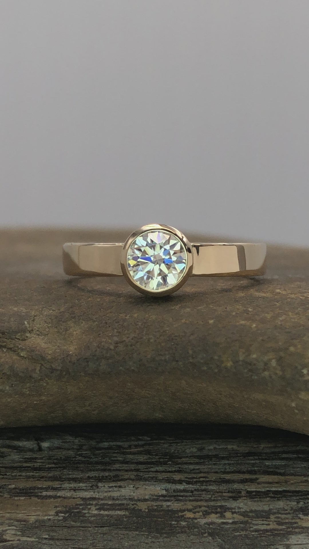 Moissanite Yellow Gold 5mm Glossy Bezel Engagement Ring - Flat Band
