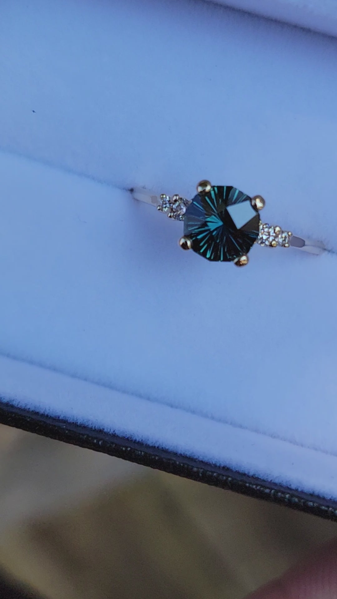 Five Stone Diamond Accented Multi Prong Setting - Depicted with a Teal Sapphire (Setting Only, Center Stone Sold Separately)