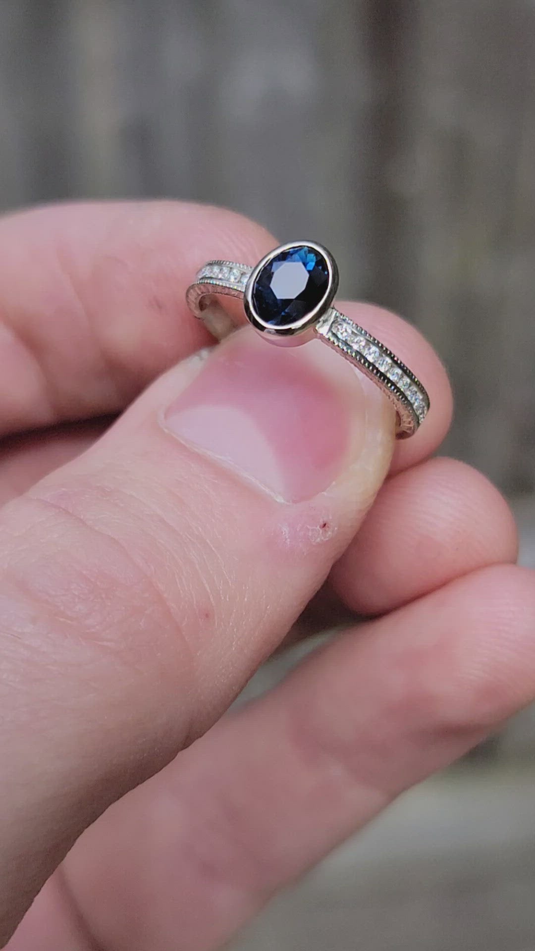 Bezel/Channel Ring Setting with Side Wheat Engraving - Depicted with a 1.3 carat Inky Blue Sapphire (Setting Only, Center Stone Sold Separately)