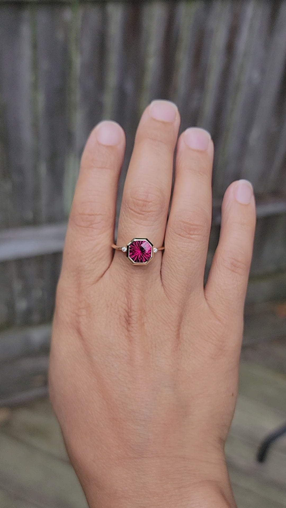 Knife Edge Bezel Set Ring with Small Diamond Accents - Depicted with a  3.3 Carat Rhodolite Garnet (Setting Only, Center Stone Sold Separately)