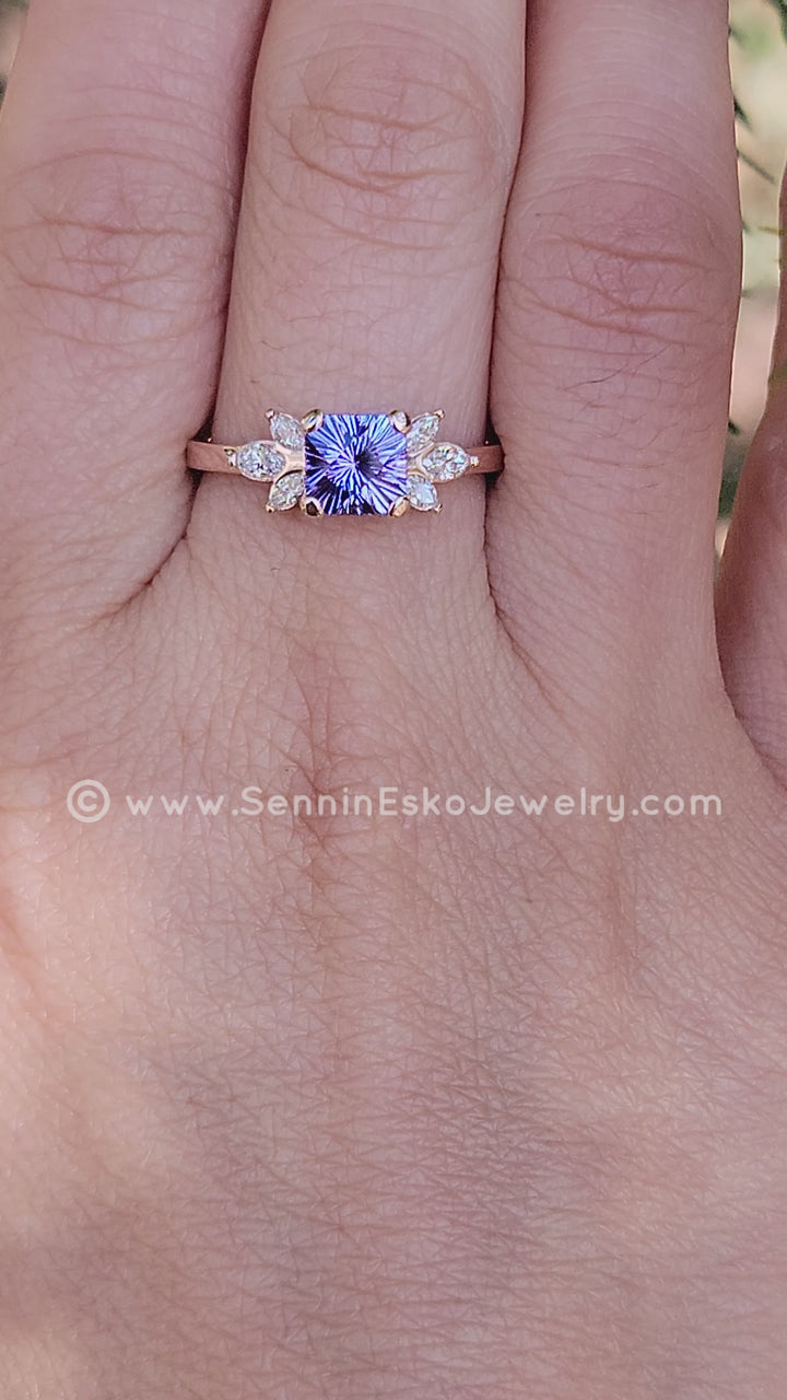 Multi Prong Setting with Diamond Marquise Accents - Depicted with a 1.3 carat Fantasy Cut Tanzanite (Setting Only, Center Stone Sold Separately)