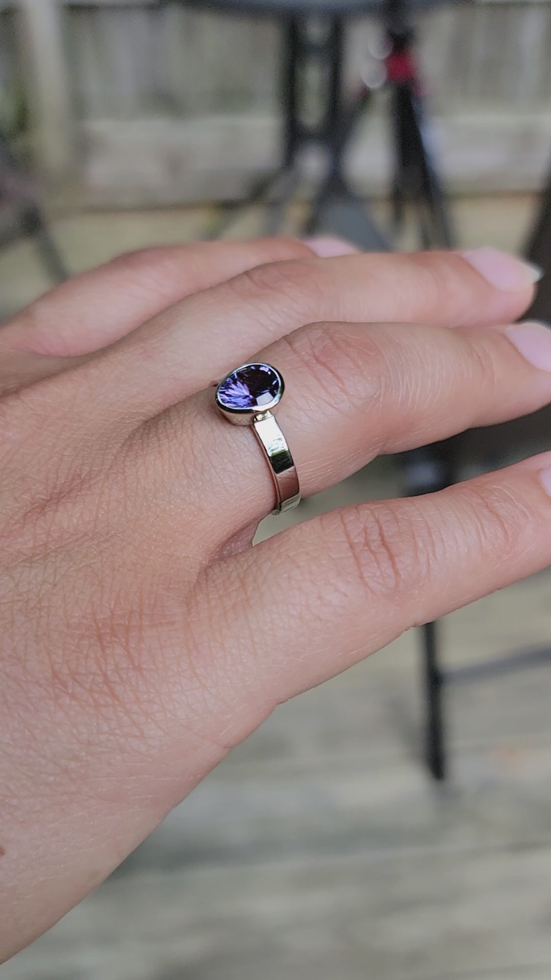 Medium Weight White Gold Bezel Ring Setting - Fantasy Cut Purple Sapphire Depicted (Setting Only, Center Stone Sold Separately)