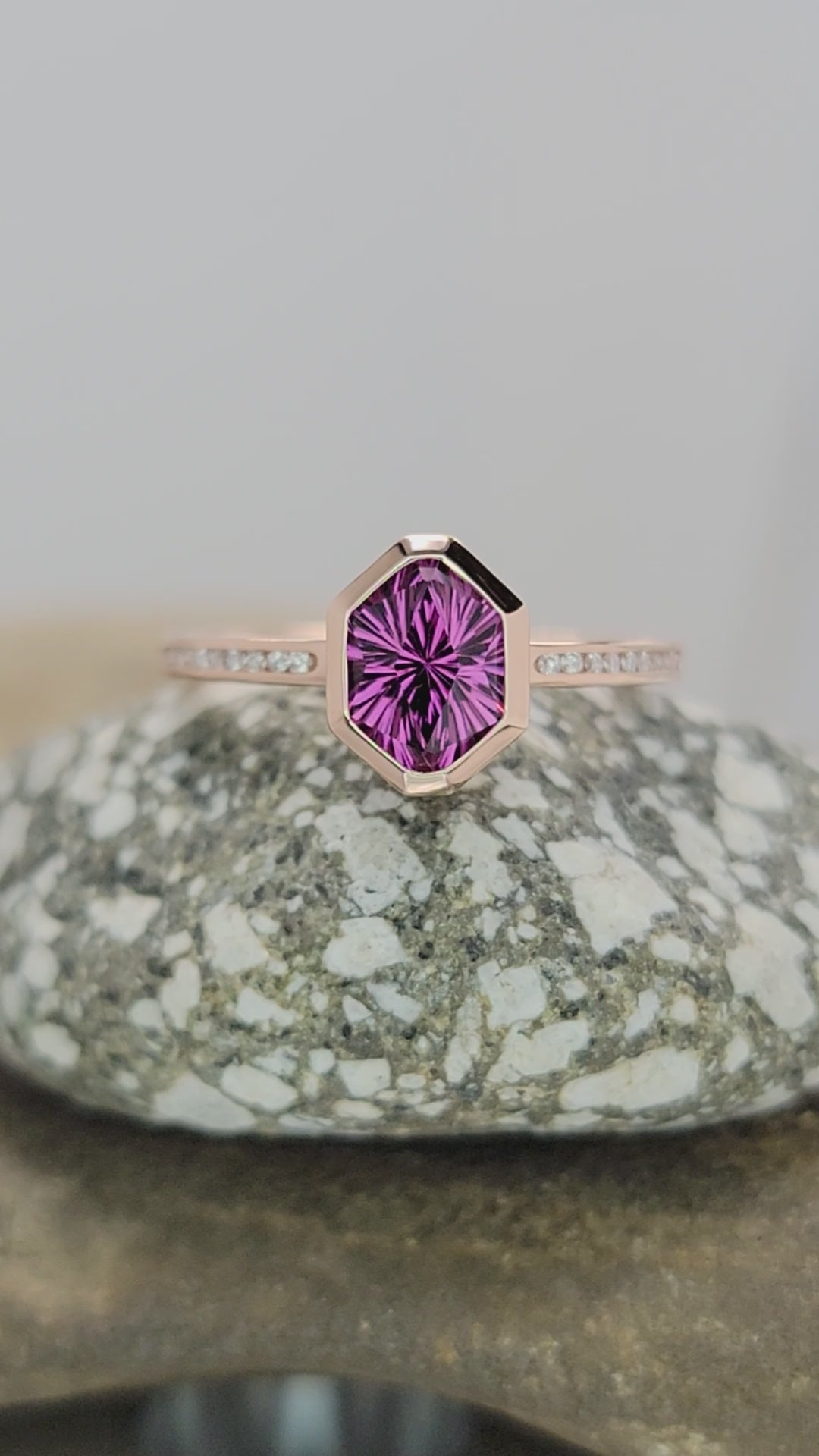 Diamond Channel Accented Rose Gold Bezel Ring Setting - Depicted with a Fantasy cut Mahenge Garnet (Setting Only, Center Stone Sold Separately)