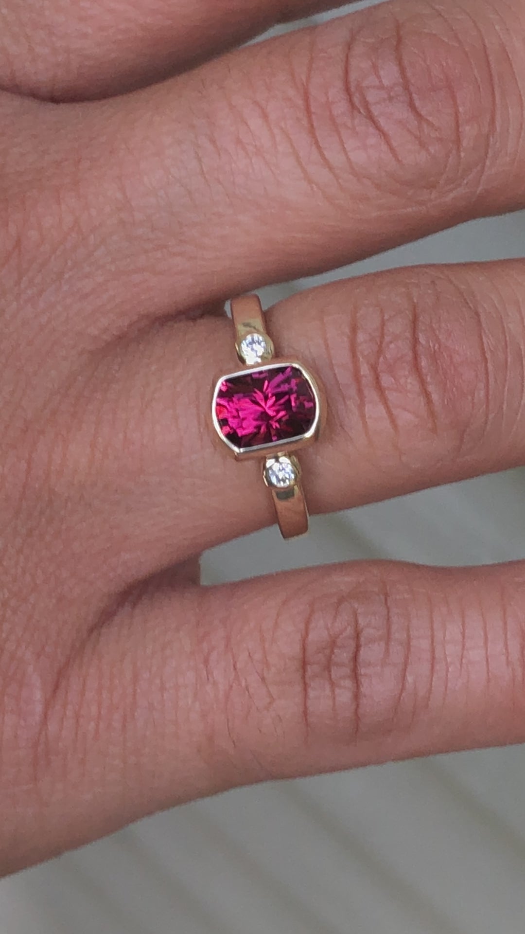 Three Gem Diamond accented Yellow Gold Bezel Ring Setting - Depicted with a Precision Cut Umba Garnet (Setting Only, Center Stone Sold Separately)