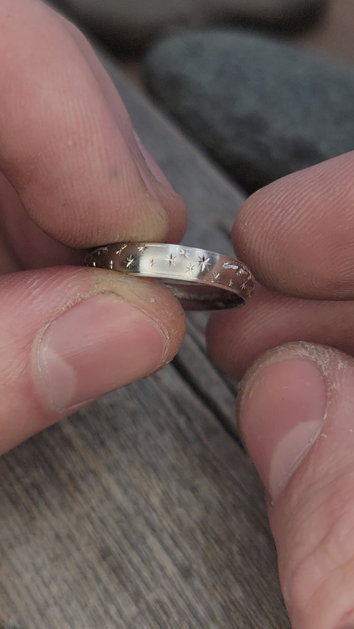 READY TO SHIP 4x1.5mm Spruce and Stars Platinum Band Size 9.5 - Comfort Fit Interior - Bright Cut Engraved Band
