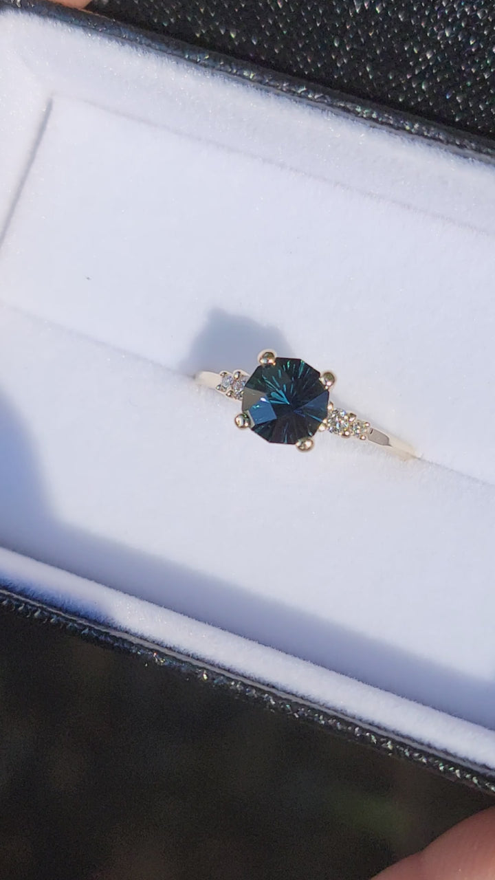 Five Stone Diamond Accented Multi Prong Setting - Depicted with a Teal Sapphire (Setting Only, Center Stone Sold Separately)