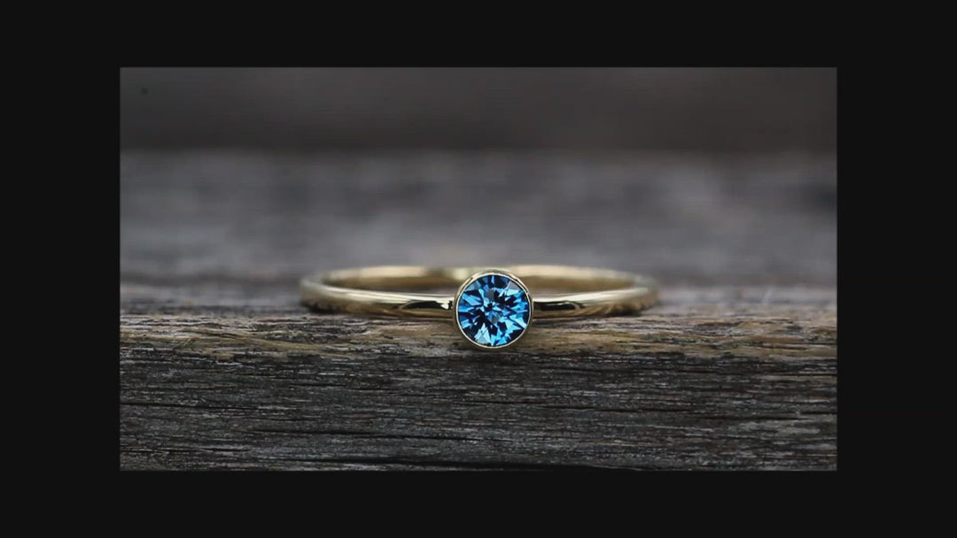 London Blue Topaz Yellow Gold Stacking Ring - Precision Cut London Blue Topaz Ring - Topaz Bezel Ring