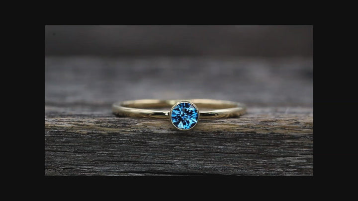 London Blue Topaz Yellow Gold Stacking Ring - Precision Cut London Blue Topaz Ring - Topaz Bezel Ring