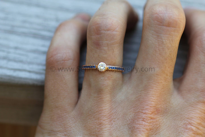 White and Blue Sapphire Rose Gold Alternative Engagement - Sapphire Gold Ring - White Sapphire Bezel Ring - Sapphire Ring - Rose Gold Ring Sennin Esko Jewelry Blue Sapphire Bezel, Diamond Alternative, Engagement Rings, GEMSTONE TAG, Jewelry, Recycled Engageme FINE RINGS / ENGAGEMENT