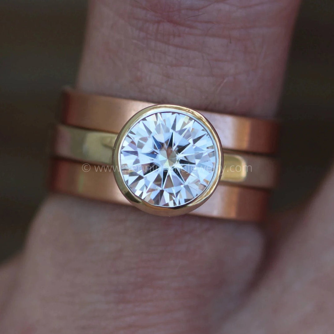Moissanite Bezel Ring Set Rose Gold and 14 or 18kt White Gold Wide Ring Set