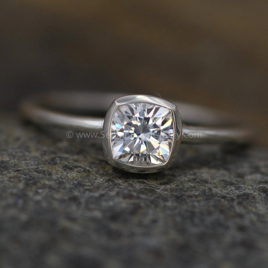 5x5 Colorless Moissanite -  Cushion Cut Bezel White Gold Solitaire Ring -  Forever One Moissanite Sennin Esko Jewelry 5mm Moissanite, 5x5 Moissanite, Bezel Engagement, Dainty Band, Dainty Moissanite, Ethical Engagement FINE RINGS / ENGAGEMENT