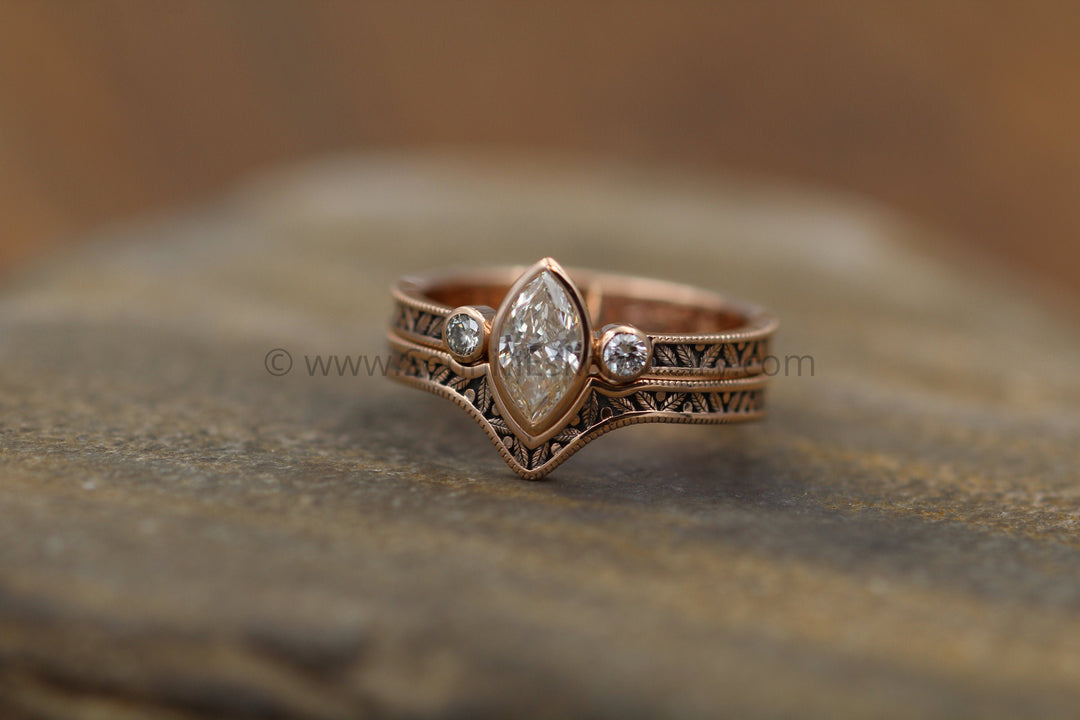 Diamond Rose Gold Hand Made Vintage Engagement Ring Set - Marquise Ring - Leaf Sennin Esko Jewelry Alternative Engag, Bezel ring, Conflict Free Ring, Diamond Alternative, Diamond Bezel Eng, Diamond G FINE RINGS / ENGAGEMENT