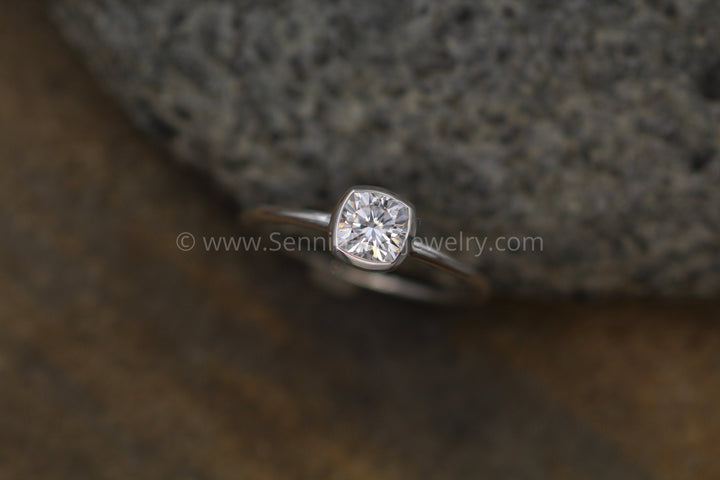 Lightweight bezel setting - depicted with Moissanite (Setting Only, Center Stone Sold Separately) Sennin Esko Jewelry 5mm Moissanite, 5x5 Moissanite, Bezel Engagement, Dainty Band, Dainty Moissanite, Engagement Rings,  Loose Settings