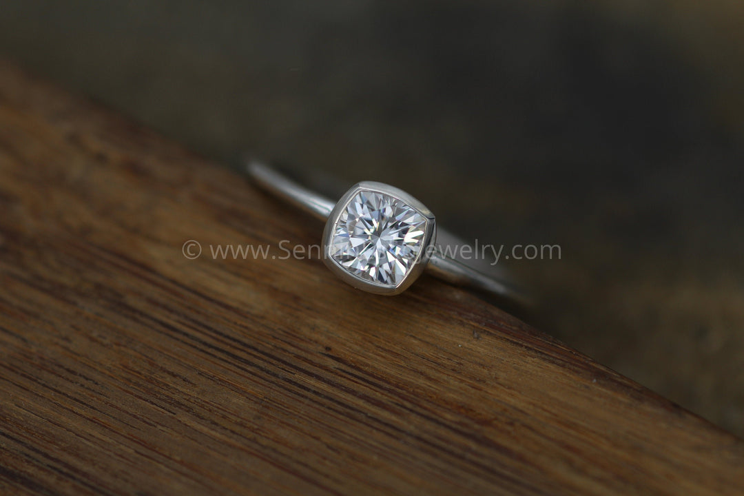 5x5 Colorless Moissanite -  Cushion Cut Bezel White Gold Solitaire Ring -  Forever One Moissanite Sennin Esko Jewelry 5mm Moissanite, 5x5 Moissanite, Bezel Engagement, Dainty Band, Dainty Moissanite, Ethical Engagement FINE RINGS / ENGAGEMENT