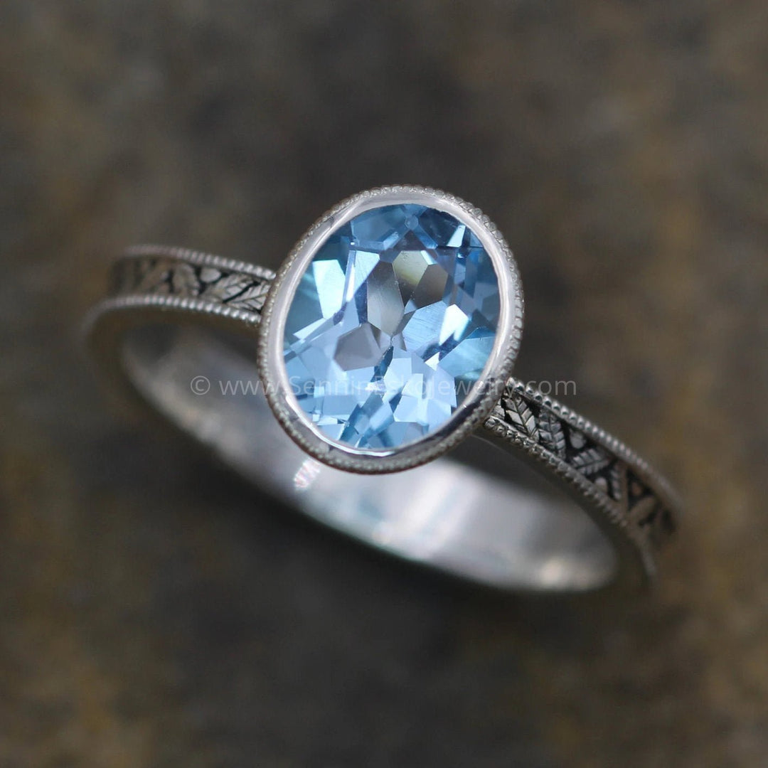 Oval Blue Topaz Hand Made Vintage Engagement Bezel Ring - Milgrain Ring - Leaf Ring Sennin Esko Jewelry Alternative Engag, Bezel ring, Blue Topaz Ring, Conflict Free Ring, Engagement Ring, GEMSTONE TAG, L FINE RINGS / ENGAGEMENT