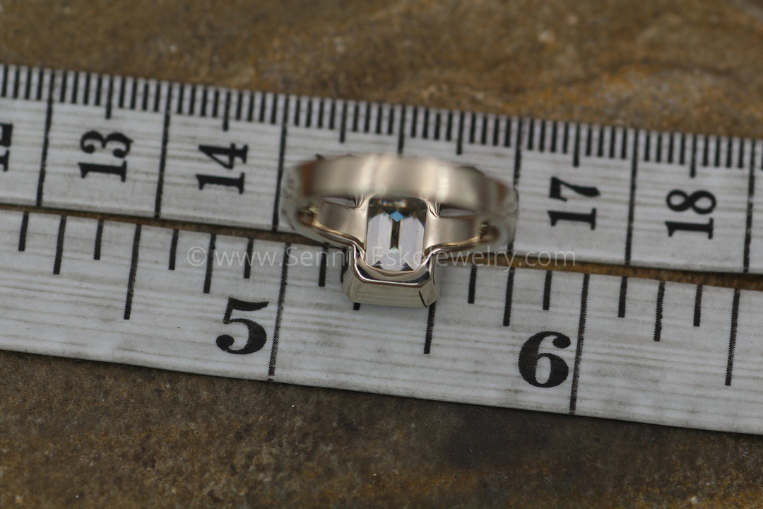 Moissanite White Gold Octagon Bezel Ring -  Alternative Engagement Ring 7x9mm, 2.3 ct Sennin Esko Jewelry Alternative Ring, Charles and Colvard, Diamond Alternative, Forever One, Gold Moissanite, Gold Ring, FINE RINGS / ENGAGEMENT